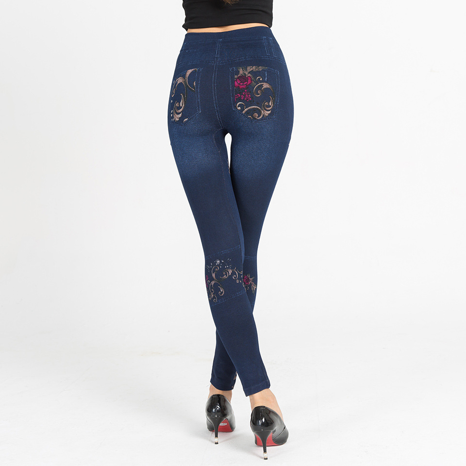 Ladies Floral Print Faux Denim Leggings Butterfly Printing High Waist Elastic Jeans Leggings Push Up Skinny Pants Leeging Femme Ladies Floral Print Faux Denim Leggings Butterfly Printing High Waist Elastic Jeans Leggings Push Up Skinny Pants Leeging Femme