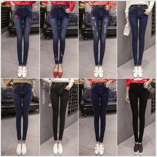 9 Color Fashion Jeans For Women Lips Flowers Embroidery Holes Styles Trousers Elasticity Jeans Slim Was Thin Cuffs Pencil Pants