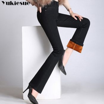 high waist womans jeans woman 2019 winter warm fleece thick womens denim flare jeans for mom black jean femme donna Plus size