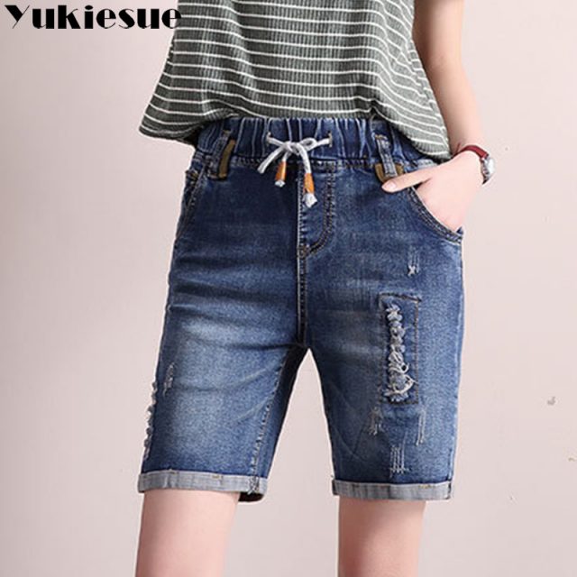 Plus Size 25-31 High Waist ripped Denim Shorts Women 2018 New Summer Elastic Waist Jeans Shorts Femme Loose Hole Shorts