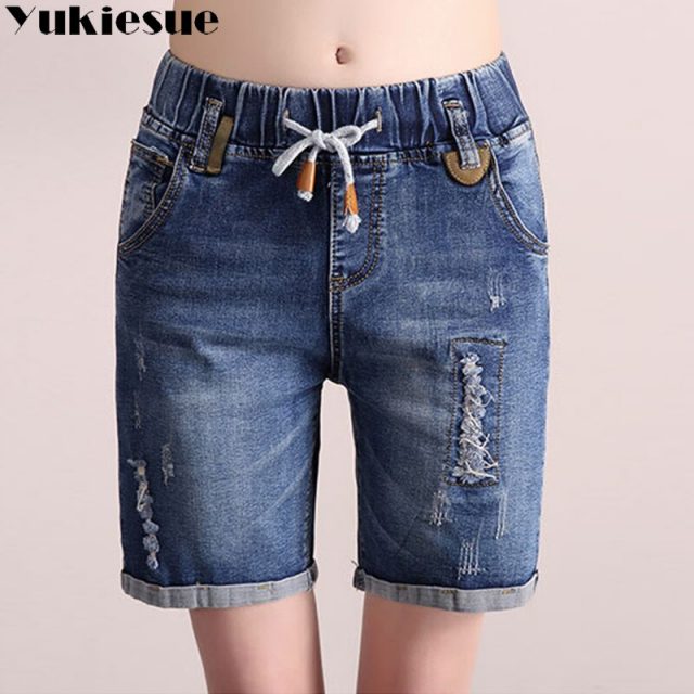 Plus Size 25-31 High Waist ripped Denim Shorts Women 2018 New Summer Elastic Waist Jeans Shorts Femme Loose Hole Shorts