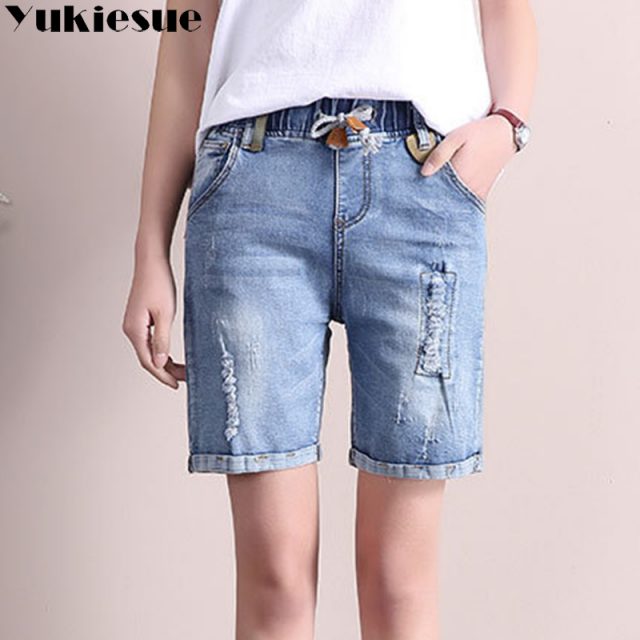 Plus Size 25-31 High Waist ripped Denim Shorts Women 2018 New Summer Elastic Waist Jeans Shorts Femme Loose Hole Shorts