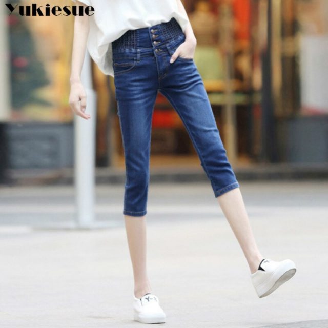 Plus Size Skinny Capris Jeans Woman Female Stretch Knee Length Denim Shorts Jeans Pants Women With High Waist elastic Summer