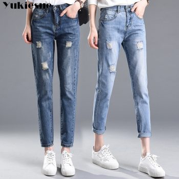 2018 Autumn High Waist mom jeans Female Boyfriend Jeans For Women Trousers Woman Pencil Pants Denim Ripped Jeans Plus Size