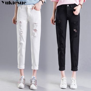 summer black white woman's jeans Boyfriend ripped jeans for women hole casual loose denim pants capris female jeans Plus size