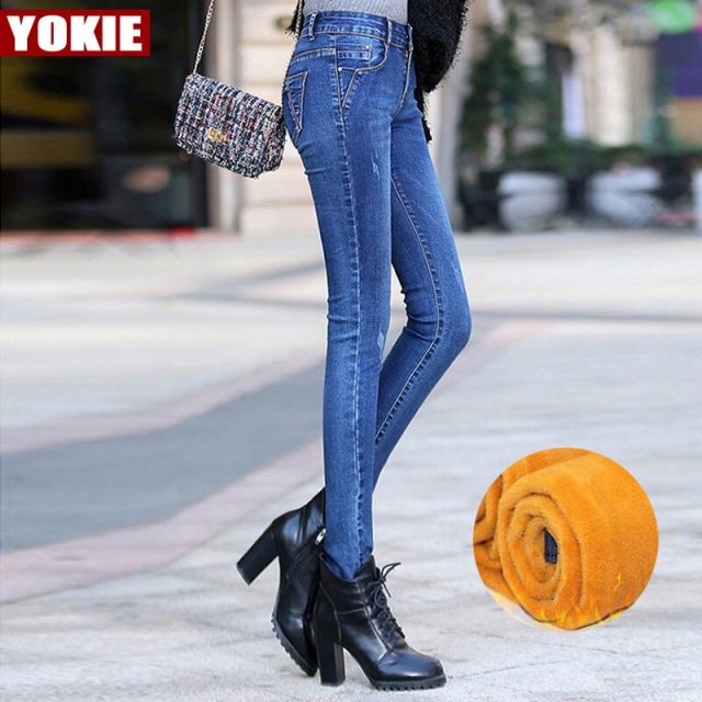 Winter warm plus thicken High Waist jeans High Elastic plus size Women Jeans woman femme washed casual skinny pencil Denim pants