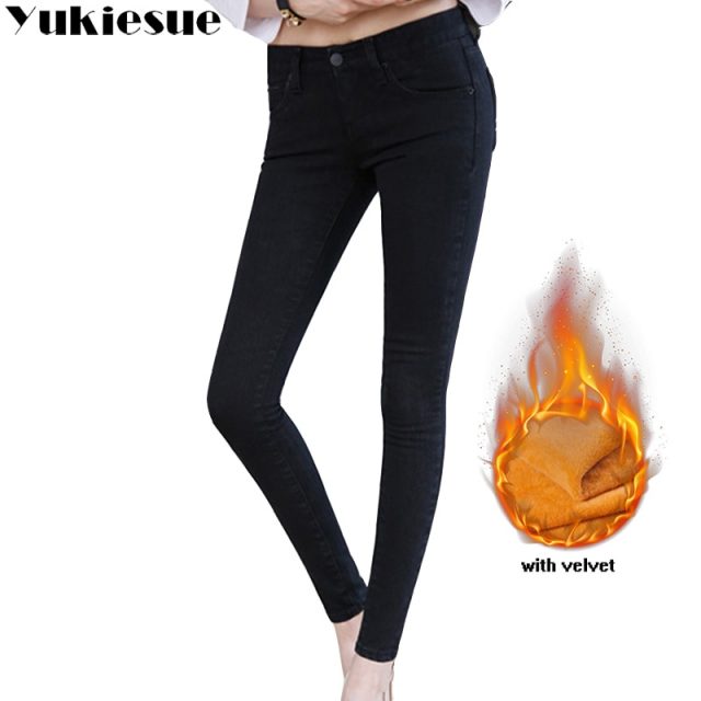 High waist jeans for women trousers 2018 winter warm fleece skinny denim jeans femme female Women’s pencil pants Plus size