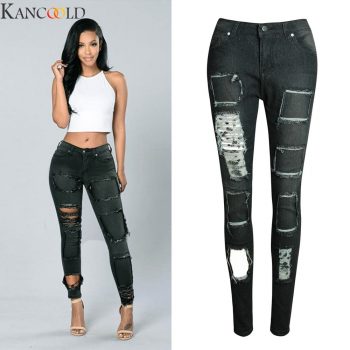 KANCOOLD Plus Size Summer Hole Ripped Jeans Women Jeggings Cool Denim High Waist Skinny Jeans Pants Pencil Trousers Black