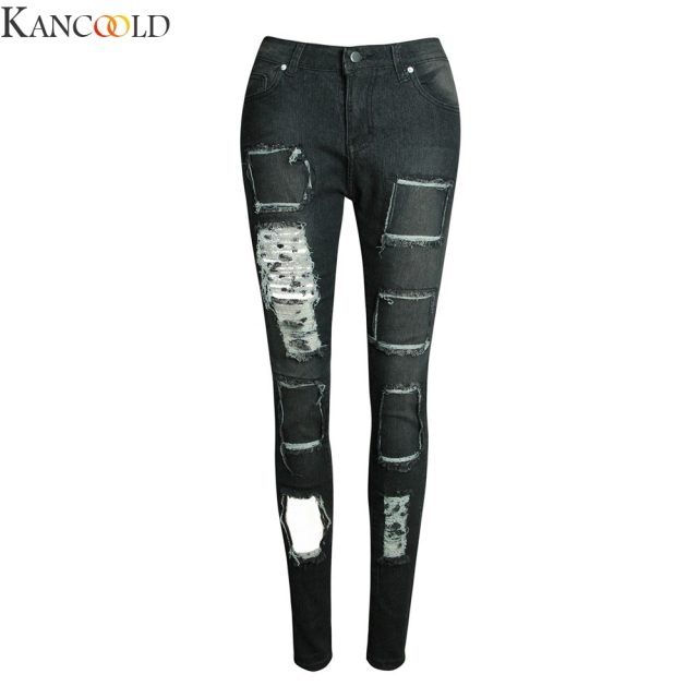 KANCOOLD Plus Size Summer Hole Ripped Jeans Women Jeggings Cool Denim High Waist Skinny Jeans Pants Pencil Trousers Black