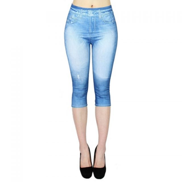 Women’s Jean-like Hollow-out Printed High-waist Elastic Seven-cent Pants