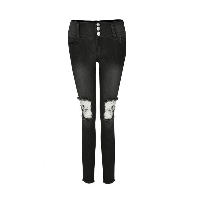 SAGACE Fashion classic ladies high elastic hole jeans solid color tight high waist slim  button pencil pants autumn and winter