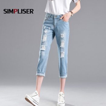 Jeans Women Calf Length Capri Ripped Jeans Trousers Plus Size 32 Female Mid Waist Destroyed Boyfriend Harem Trousers Holes