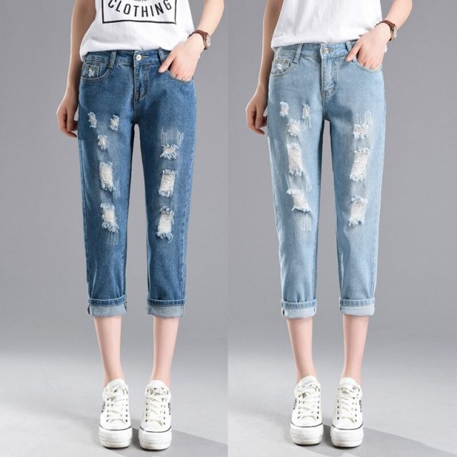 Jeans Women Calf Length Capri Ripped Jeans Trousers Plus Size 32 Female Mid Waist Destroyed Boyfriend Harem Trousers Holes