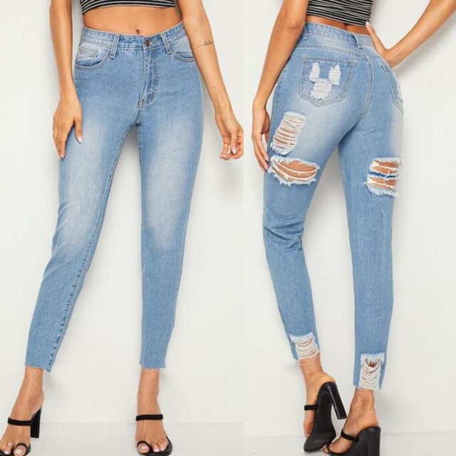 SAGACE Women’s Slim High Waist Sexy Jeans Solid Color Casual hole Fashion Sexy Zipper Feet Pencil Pants Women’s Chic Fashion