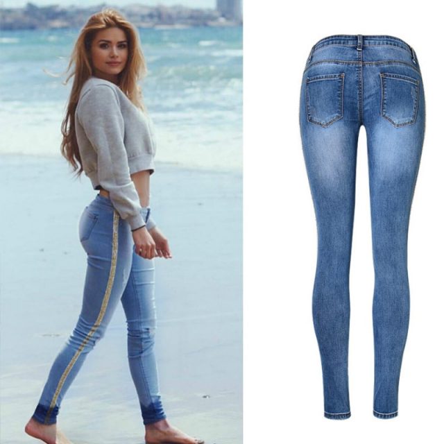 Low Waist Fashion Side Stripe Skinny Jeans Women Slim Embroidered Gold Sequin Vaqueros Mujer High Street Push Up Calca Denim