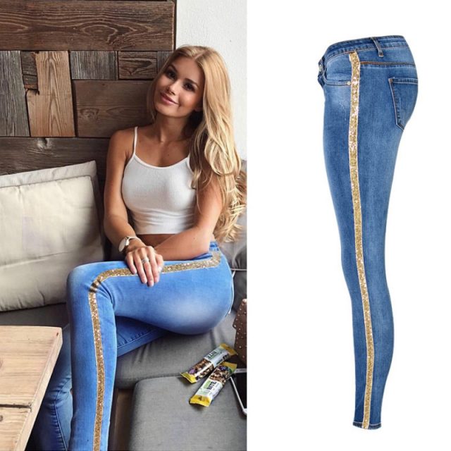 Low Waist Fashion Side Stripe Skinny Jeans Women Slim Embroidered Gold Sequin Vaqueros Mujer High Street Push Up Calca Denim