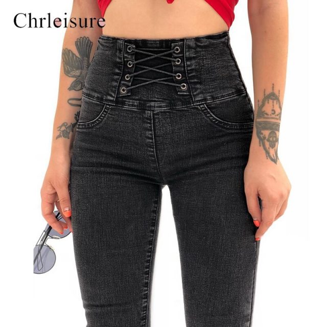 Chrleisure Fashion High Waist Bandages Jeans Women Solid Casual Denim Jeans Mujer Sexy Push Up Pantaonles Women’s Trousers