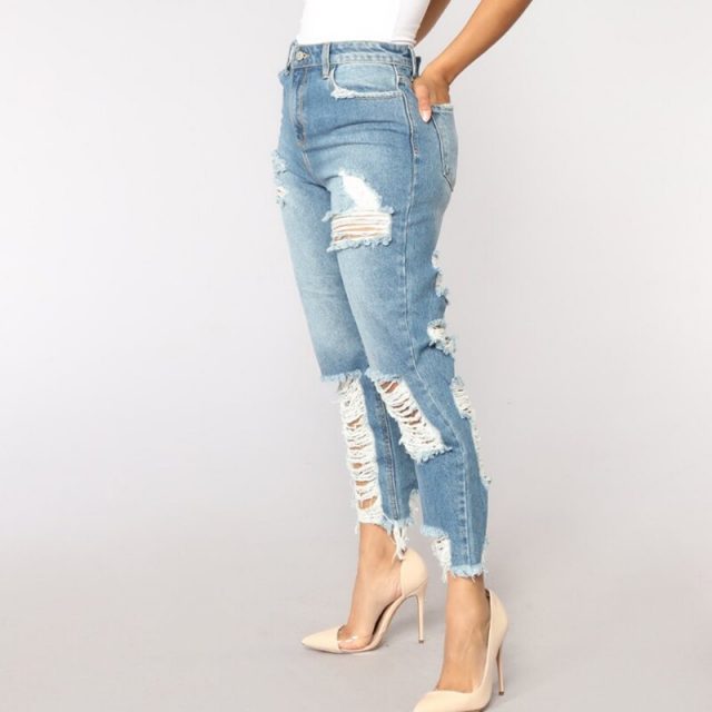 Sexy Back Hole Distressed Ripped Boyfriend Jeans For Women High Waisted Destroyed Jeans  Street Rock Cut Out Loose Straight Jean