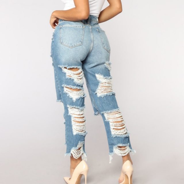 Sexy Back Hole Distressed Ripped Boyfriend Jeans For Women High Waisted Destroyed Jeans  Street Rock Cut Out Loose Straight Jean