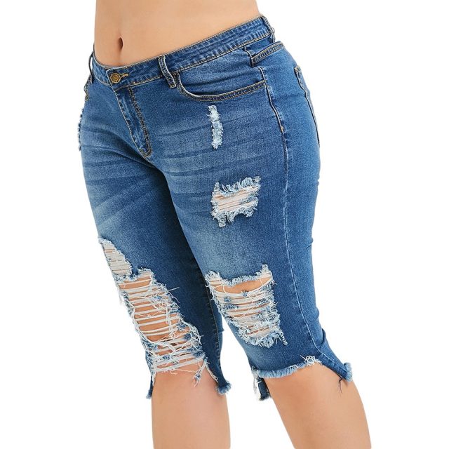 Rosegal Fashion Plus Size 5XL Midi Waist Boyfriend Capris Jeans Mom Women Straight Ripped Distressed Denim Cropped Pants