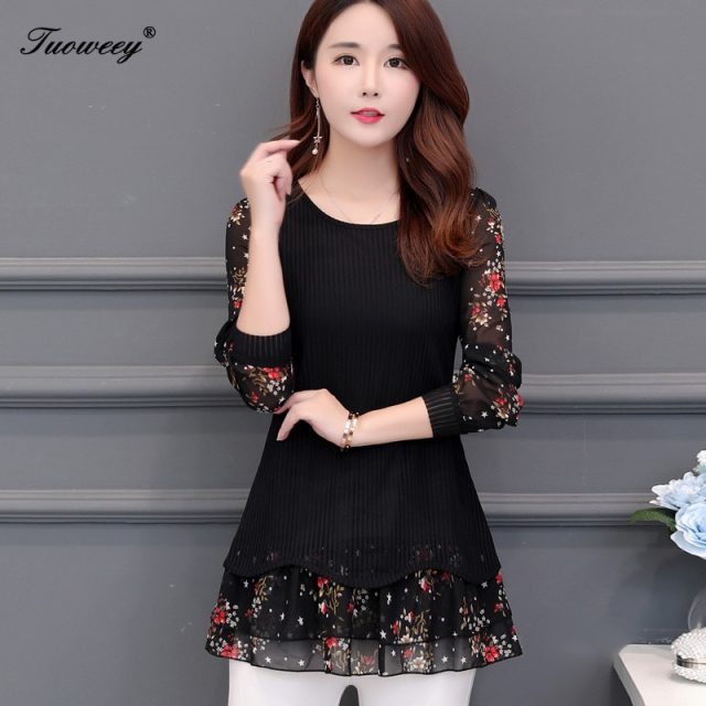 floral Women vintage Blouses 2019 Fashion autumn long Sleeve patchwork Long Shirt Female Casual tops camisas mujer
