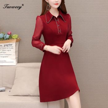 large plus size office ladies patchwork dresses elegant knee length long sleeve red dress ruffle a line dress women vestidos