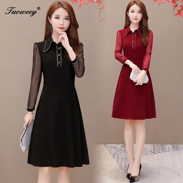 large plus size office ladies patchwork dresses elegant knee length long sleeve red dress ruffle a line dress women vestidos