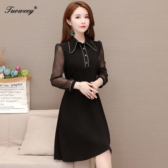 large plus size office ladies patchwork dresses elegant knee length long sleeve red dress ruffle a line dress women vestidos