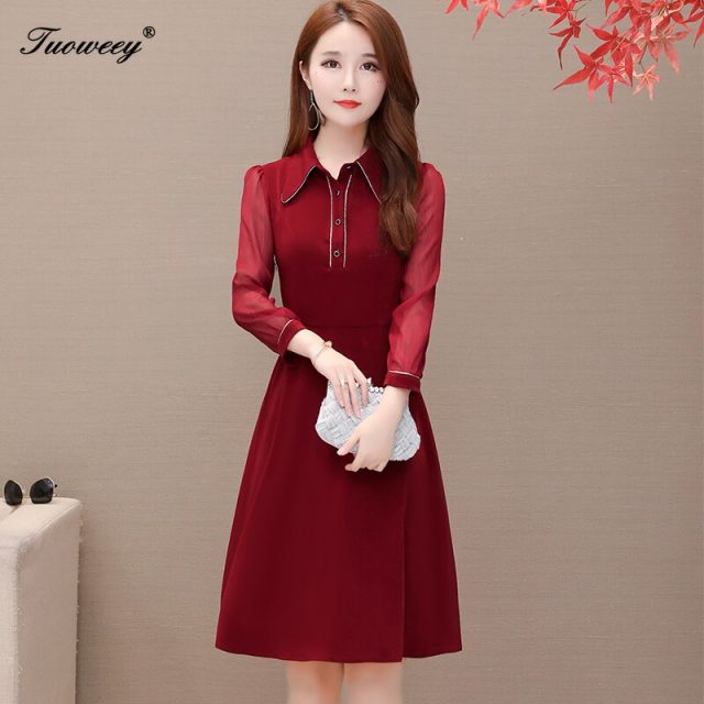 large plus size office ladies patchwork dresses elegant knee length long sleeve red dress ruffle a line dress women vestidos