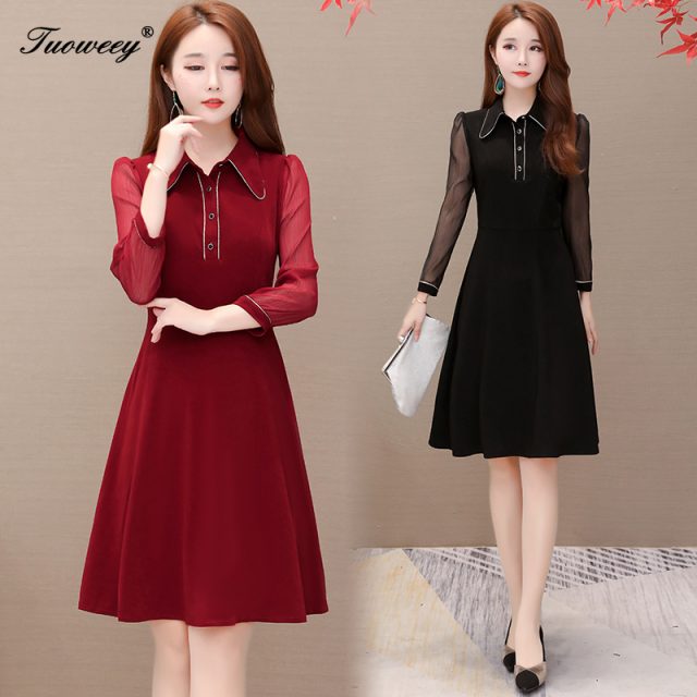 large plus size office ladies patchwork dresses elegant knee length long sleeve red dress ruffle a line dress women vestidos