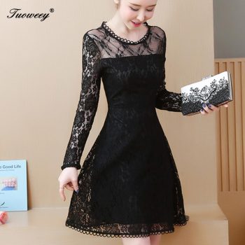 2020 Vintage Women Fashion black sexy Lace Runway Party Dresses Long Sleeve Hollow Out Leaf A-Line Knee-length Dress