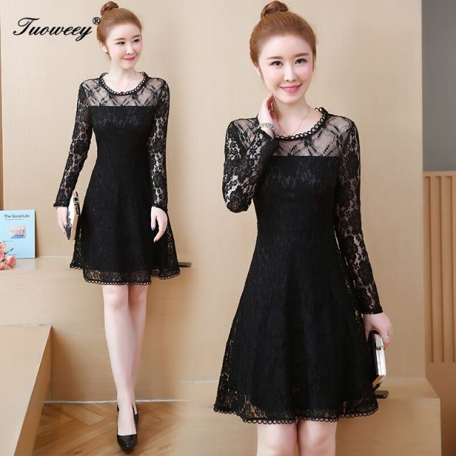 2020 Vintage Women Fashion black sexy Lace Runway Party Dresses Long Sleeve Hollow Out Leaf A-Line Knee-length Dress