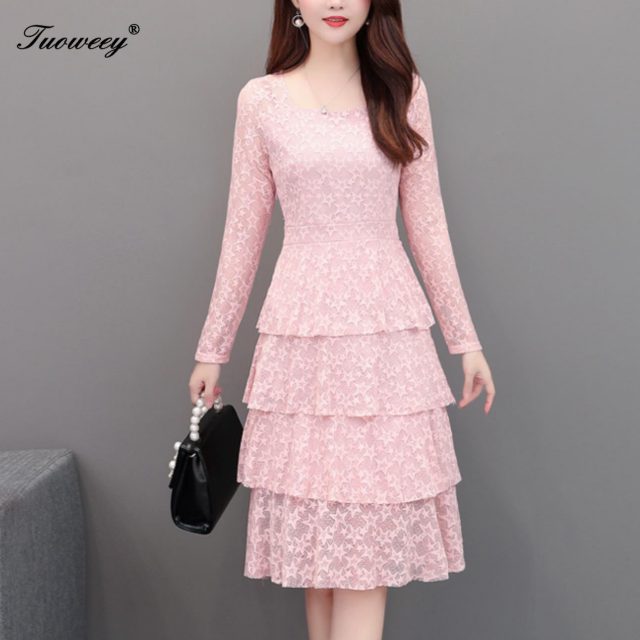 2019 Autumn spring pink lace ruffle Plus Size knee length Dresses Women Elegant Korean Dress Party long Sleeve Vestidos sexy