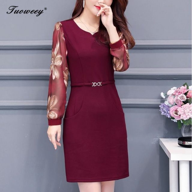 Plus size 5XL New Women Floral Print mid-age Slim spring long Sleeve Straight Mini Dress Sexy O-neck Female Casual work Dresses
