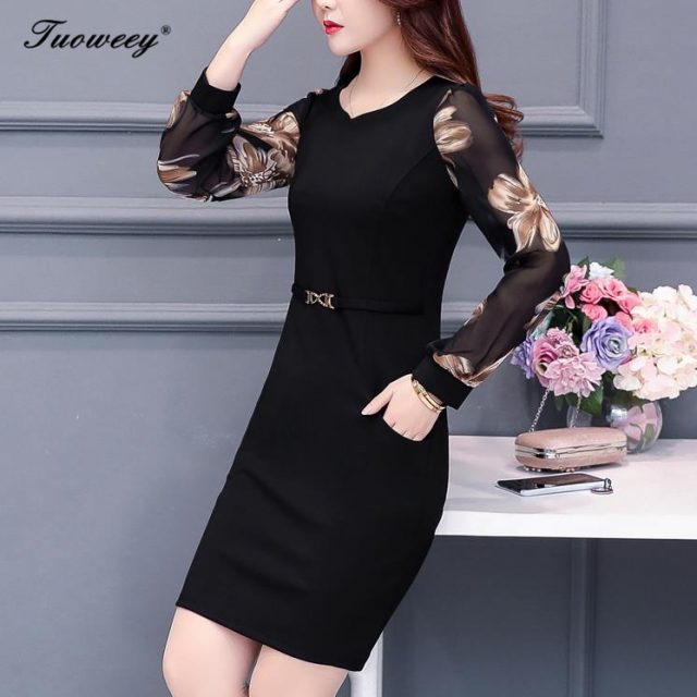 Plus size 5XL New Women Floral Print mid-age Slim spring long Sleeve Straight Mini Dress Sexy O-neck Female Casual work Dresses