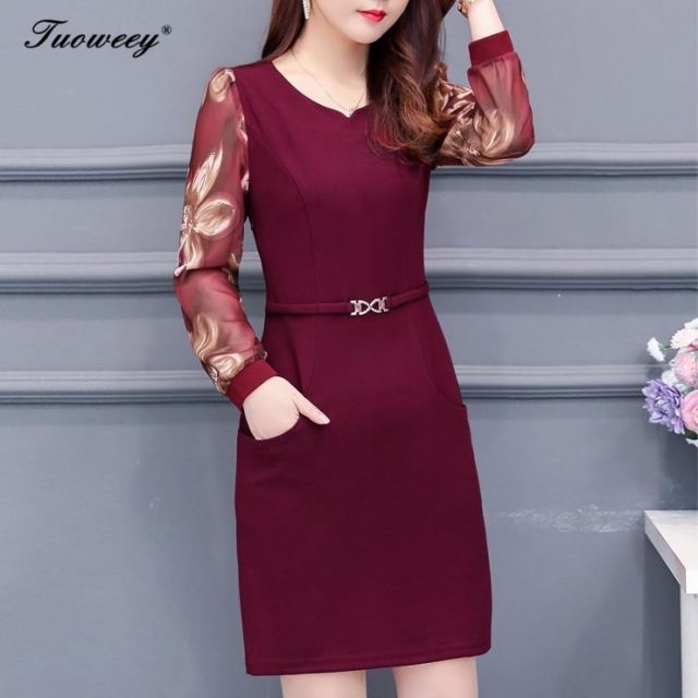 Plus size 5XL New Women Floral Print mid-age Slim spring long Sleeve Straight Mini Dress Sexy O-neck Female Casual work Dresses