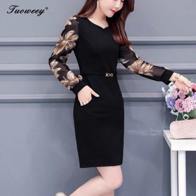 Plus size 5XL New Women Floral Print mid-age Slim spring long Sleeve Straight Mini Dress Sexy O-neck Female Casual work Dresses