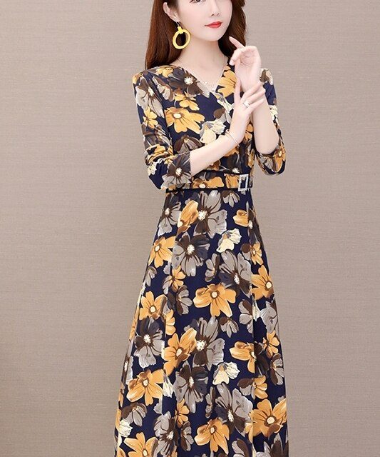 2019 Autumn Winter Plus Size floral v neck floral long Dresses Women Elegant Korean waist slim Dress Party Long Sleeve Vestidos