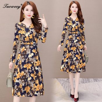 2019 Autumn Winter Plus Size floral v neck floral long Dresses Women Elegant Korean waist slim Dress Party Long Sleeve Vestidos