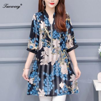 2019 Autumn summer floral loose long shirts Plus Size 4XL Women Elegant Korean shirt Dress Party half Sleeve blouses