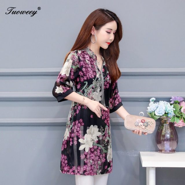 2019 Autumn summer floral loose long shirts Plus Size 4XL Women Elegant Korean shirt Dress Party half Sleeve blouses