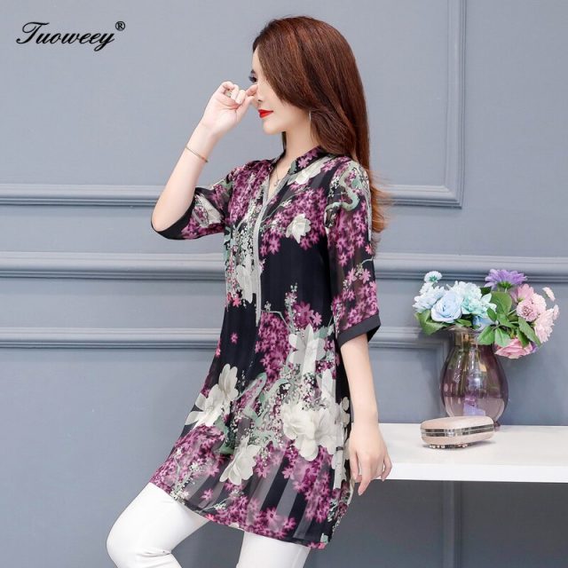 2019 Autumn summer floral loose long shirts Plus Size 4XL Women Elegant Korean shirt Dress Party half Sleeve blouses