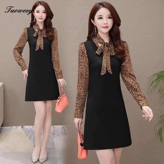 2019 Autumn spring leopard patchwork Plus Size 5XL mini sexy Dresses Women Elegant Korean Dress Party long Sleeve Vestidos