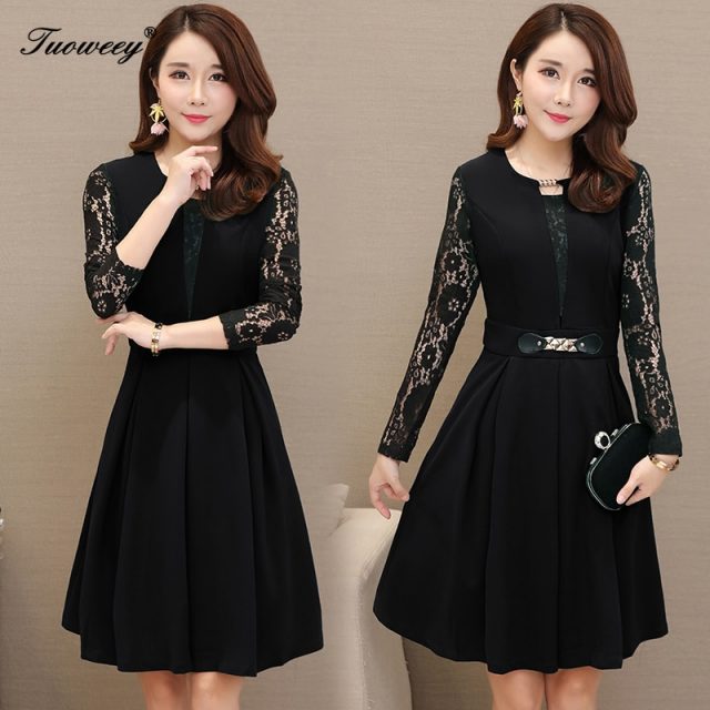 2019 Autumn spring style career OL patchwork Plus Size 3XL Dresses Women Elegant Korean work Dress lace long Sleeve Vestidos