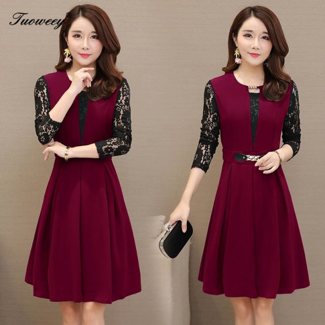 2019 Autumn spring style career OL patchwork Plus Size 3XL Dresses Women Elegant Korean work Dress lace long Sleeve Vestidos