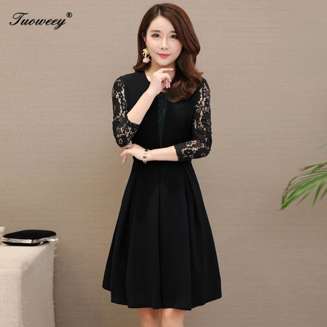 2019 Autumn spring style career OL patchwork Plus Size 3XL Dresses Women Elegant Korean work Dress lace long Sleeve Vestidos