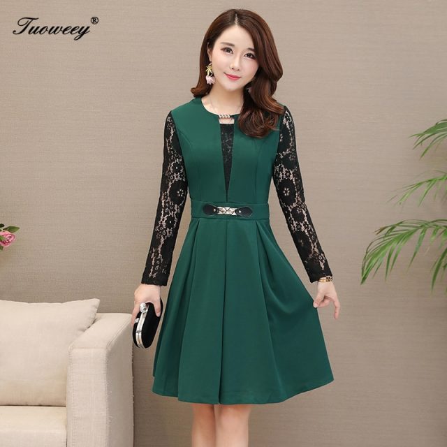 2019 Autumn spring style career OL patchwork Plus Size 3XL Dresses Women Elegant Korean work Dress lace long Sleeve Vestidos