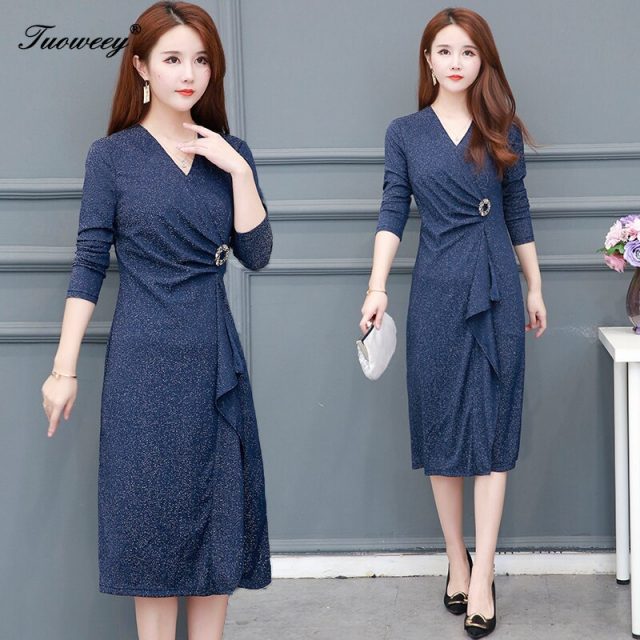 2019 Autumn spring solid color knee length Plus Size 5XL Dresses Women Elegant Korean elegant Dress Party long Sleeve Vestidos