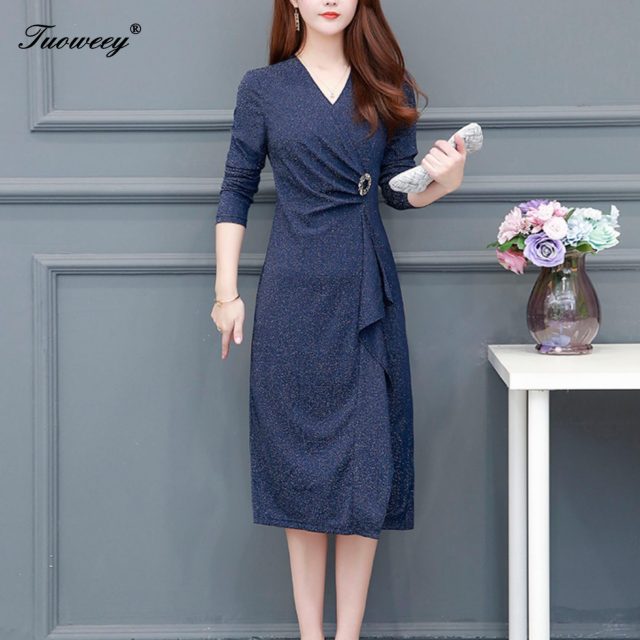 2019 Autumn spring solid color knee length Plus Size 5XL Dresses Women Elegant Korean elegant Dress Party long Sleeve Vestidos