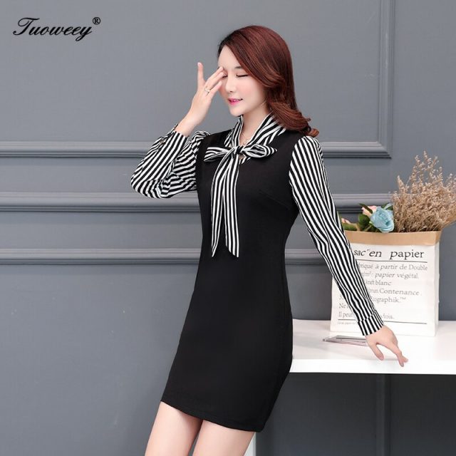 Women Dress 2020 Elegant Women Winter long Sleeve sexy mini Dress Vintage OL Work Wear Bodycon striped Crochet Dresses